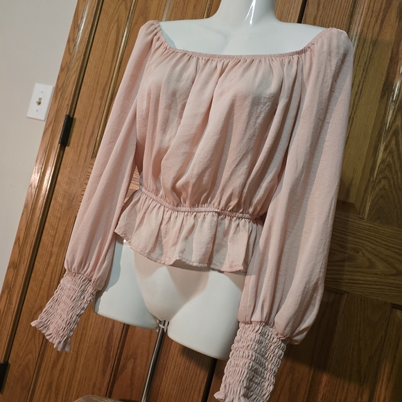 She + Sky Tops - She + Sky Blush Pink Cropped Off Shoulder Long Sleeve Blouse